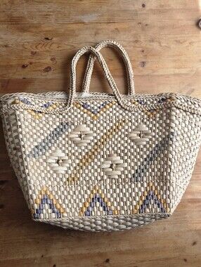 Woven Straw Tote Bag Blue Mustard Geometric Beach Unbranded  OS